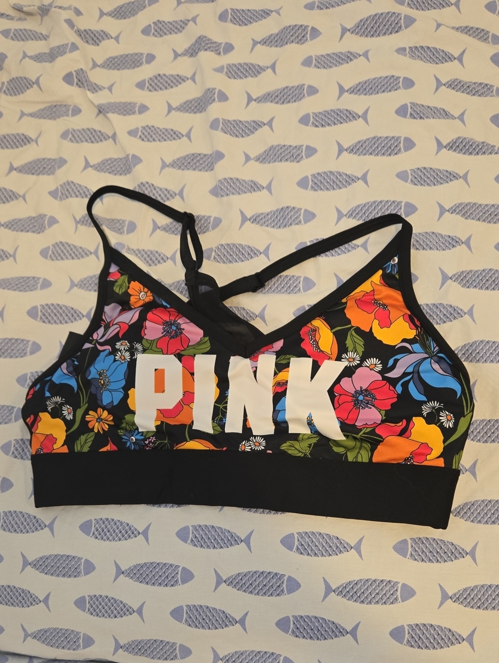 PINK Victoria's Secret Black Floral Logo Sports Bra